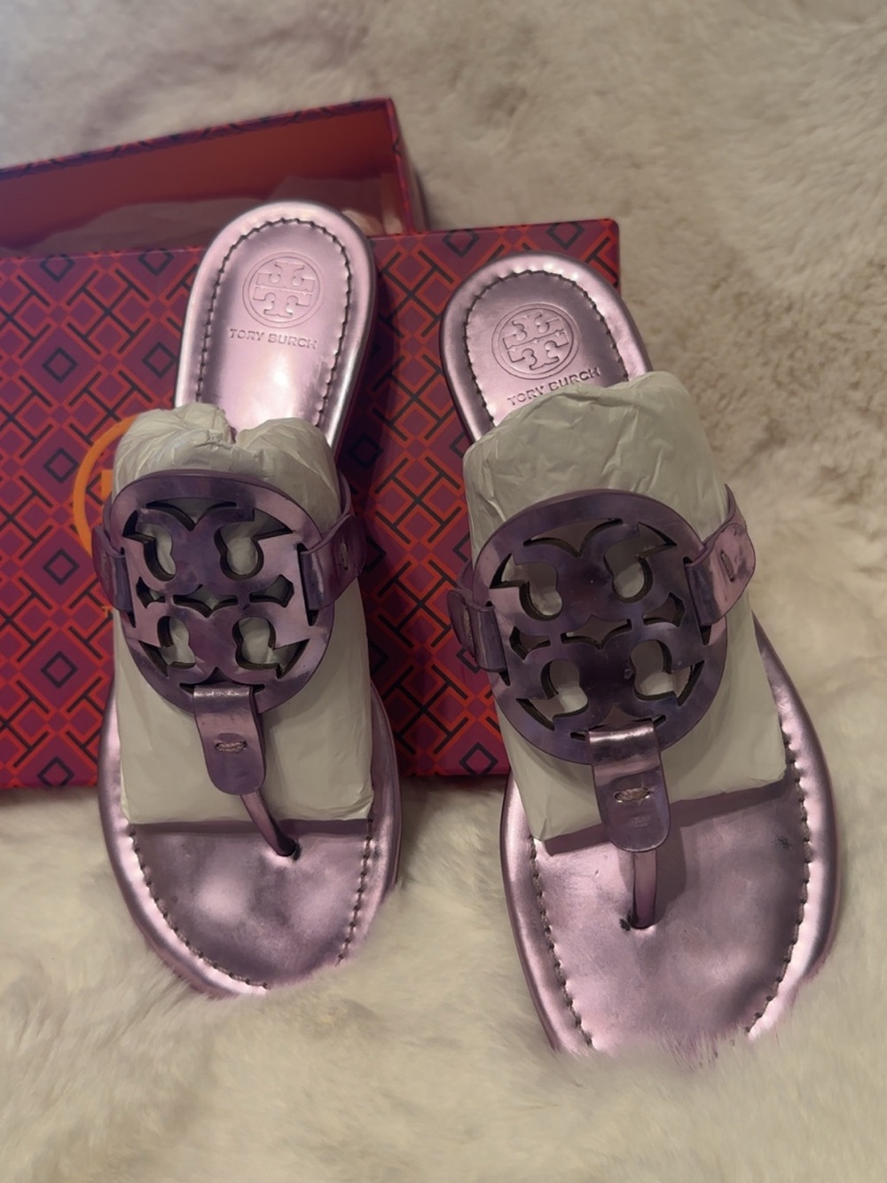 Tory Burch Metallic Lilac Logo Thong Sandals